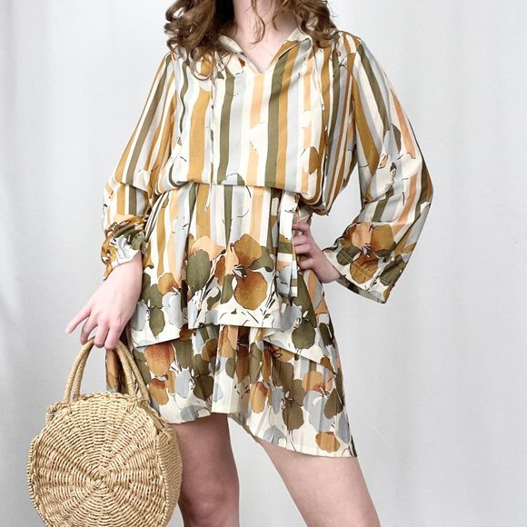 Stunning Vintage Mid Century Modern Pleated Striped Dress Oversized Set 50s 60s - Picture 9 of 10